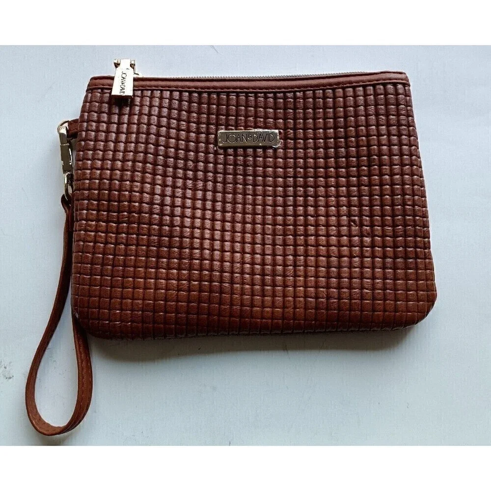 Joan & David Travel Makeup Wristlet Beauty Pouch Cosmetic Bag Brown Textured